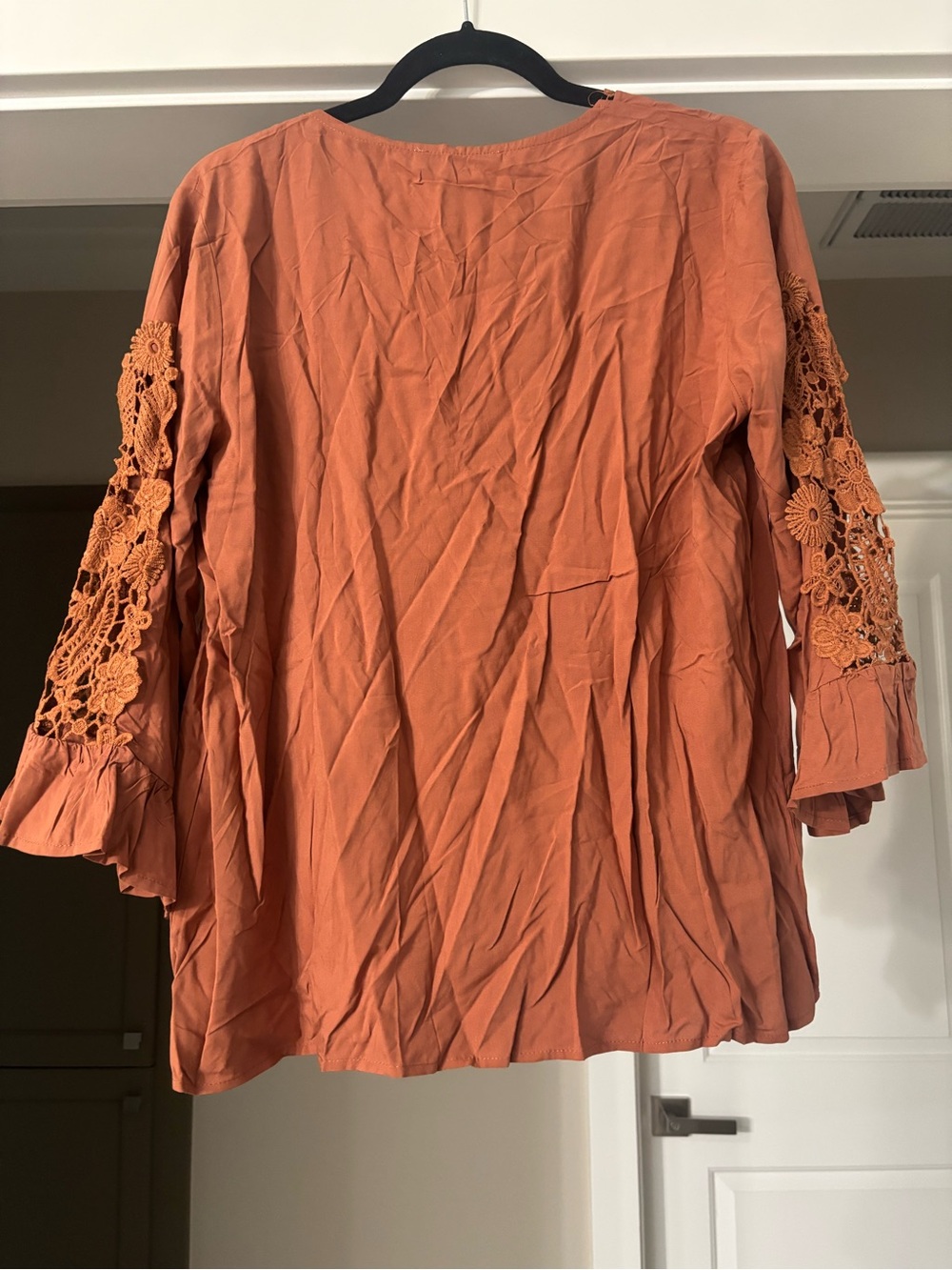 RusttyDustty Women's V-Neck Crochet Sleeve Blouse - Rust Orange - Picture 5 of 5
